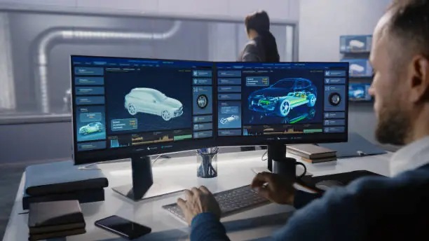 automotive person looking at car renders on computer