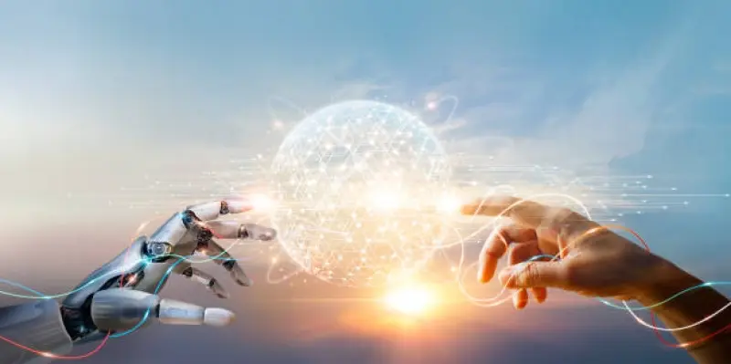 robot and human hand coming to touch