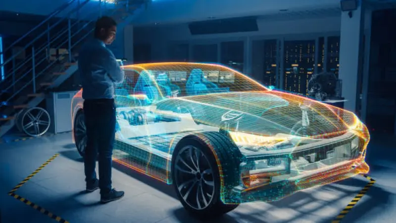 person looking at digital hologram of a car