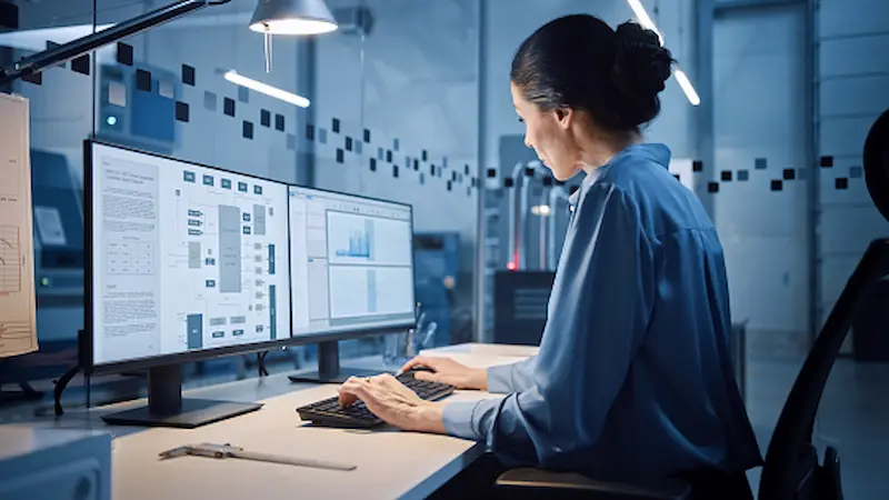 A woman in a blue blouse and hair tied back into a bun is sat at a dual monitor computer looking at graphs